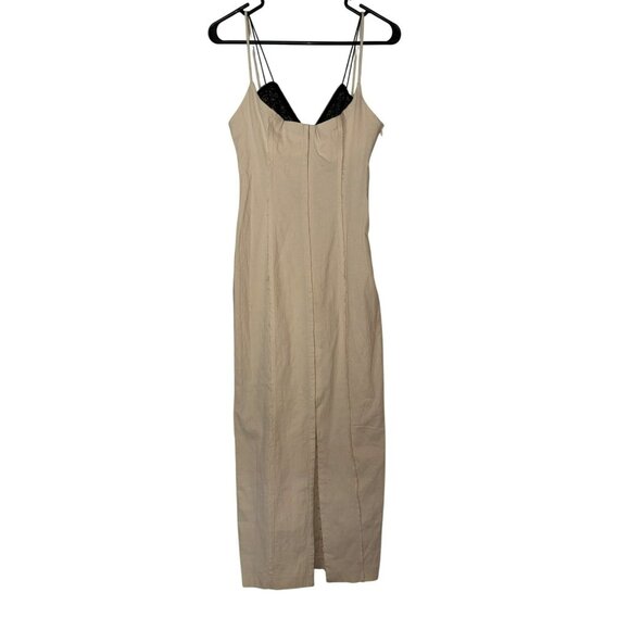 NWT Zara Beige Midi Slip Dress With Black Lace Trim & Double Straps Size XS - Picture 1 of 9